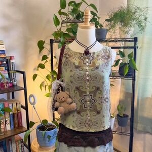 Vintage Y2K Green Paisley Button-up Fairy Tank Top Blouse Small Boho Festival